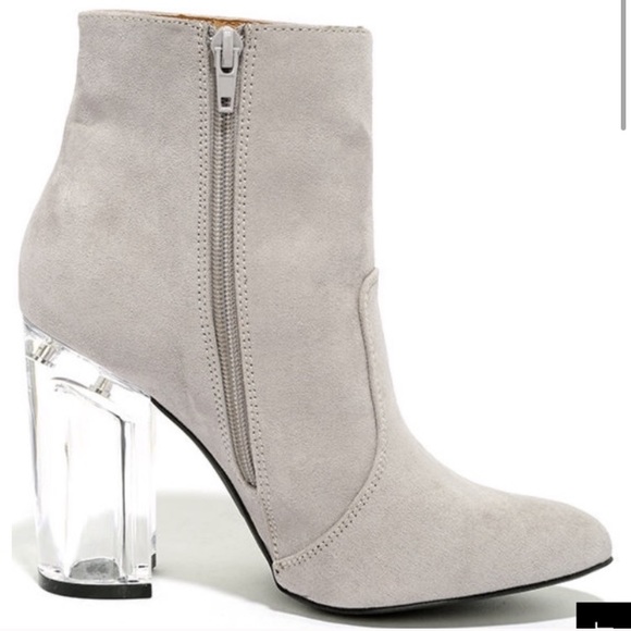 Grey Vegan Faux Suede Ankle Booties Clear Heel 6.5 - Picture 2 of 4